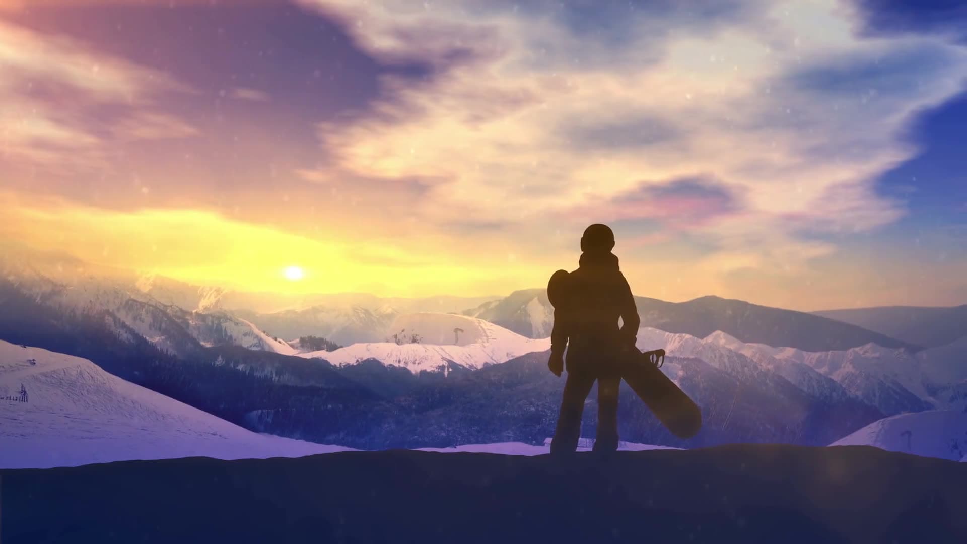 A woman standing alone, looking out over snow-covered peaks at dawn